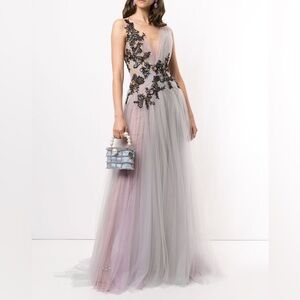 $5995 Marchesa Couture Floral Applique Tulle Gown hand embroidered lace gown